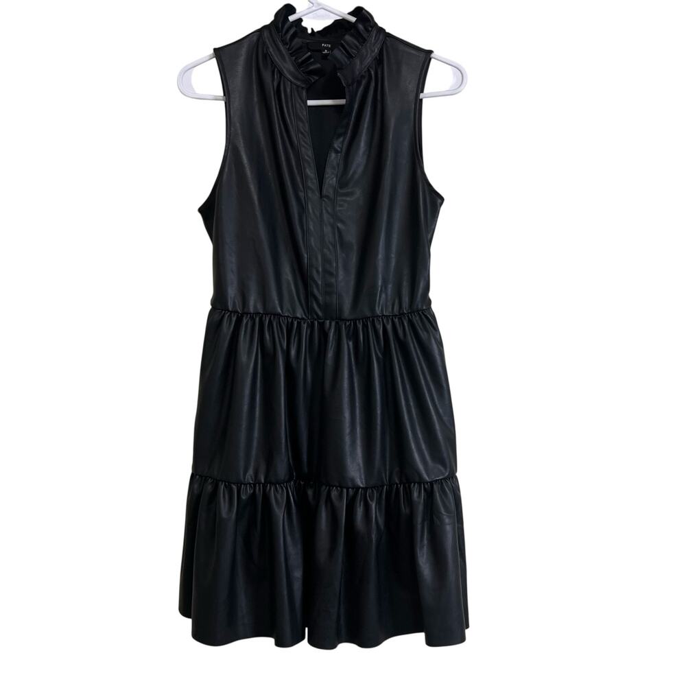 FATE Black Faux Leather Dress Small Sleeveless Tiered Mini Ruffle Neck